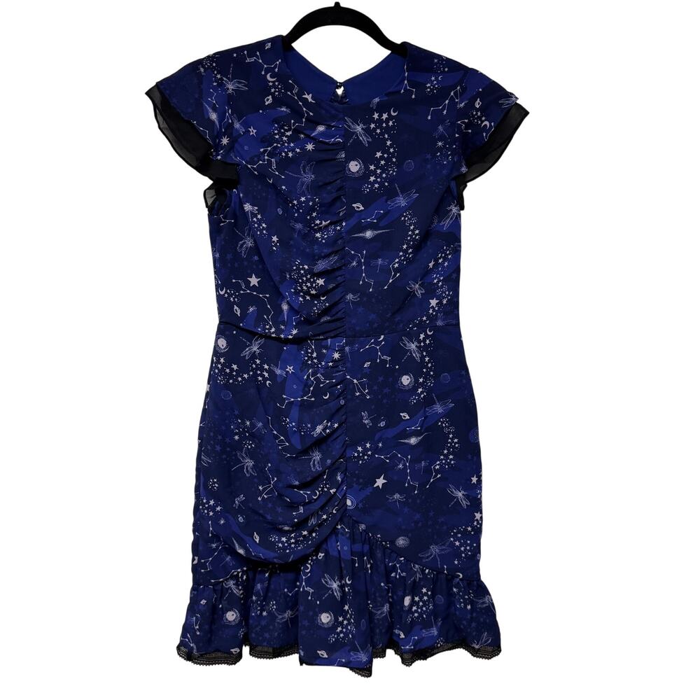 Three Floor Navy Blue Afterglow Cosmic Star Mini Cocktail Dress Size 6 Small